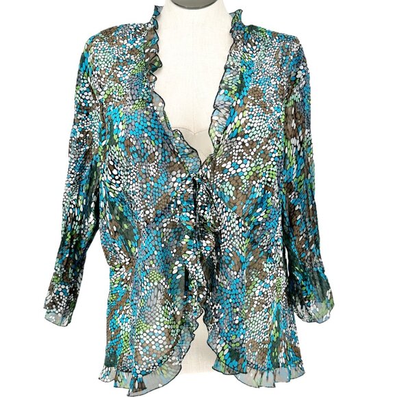 Notations Woman Tie Front Top Womens 2X Sheer Ruffled Black Brown Blue Green - Picture 1 of 8